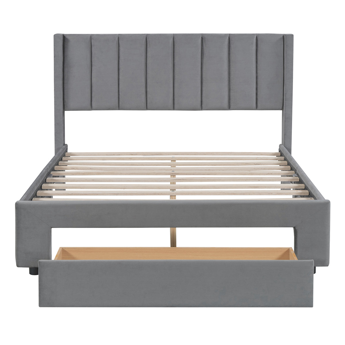 Velvet Platform Bed with Storage Drawer Gray