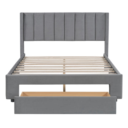 Velvet Platform Bed with Storage Drawer Gray