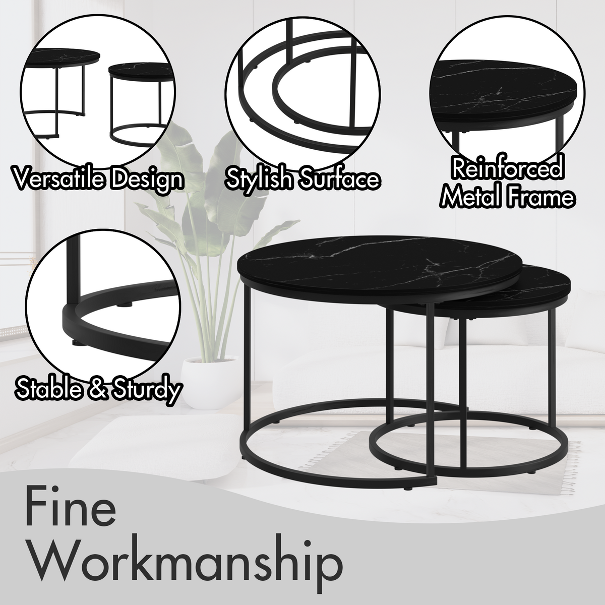 Nesting Coffee Tables Set of 2 Black Marble Top