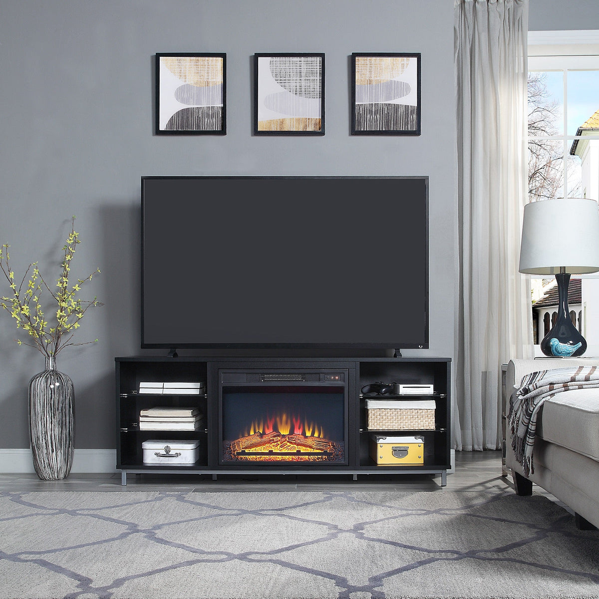Firey 60" TV Stand/Fireplace with Glass Shelves - Black Gloss
