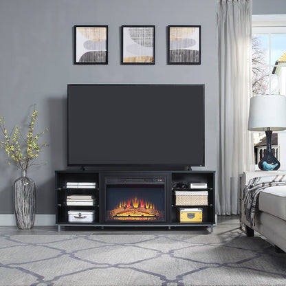 Firey 60" TV Stand/Fireplace with Glass Shelves - Black Gloss