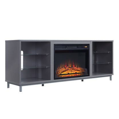 Firey 60" TV Stand/Fireplace with Glass Shelves - Grey Gloss