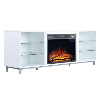 Firey 60" TV Stand/Fireplace with Glass Shelves - White Gloss