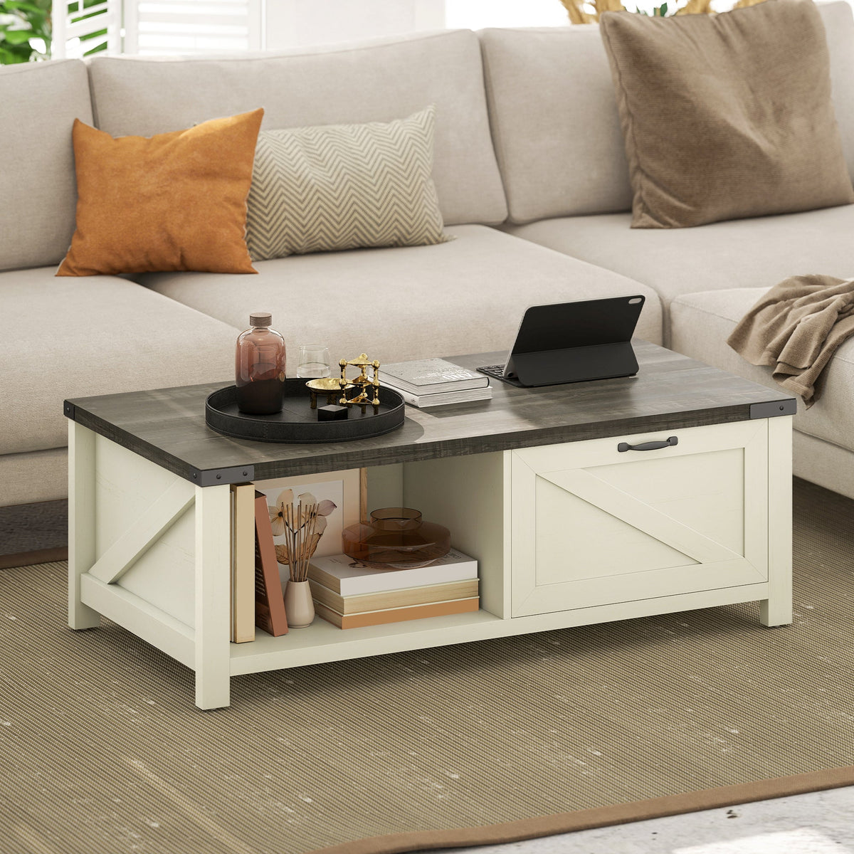 Lowen Farmhouse Coffee Table with Drawer and Open Storage Shelf-Distressed Grey/White