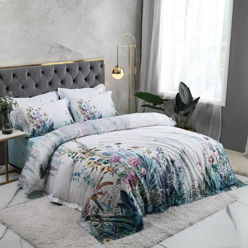 Wild Whimsy 600 TC Floral Cotton Duvet Set - White/Aqua