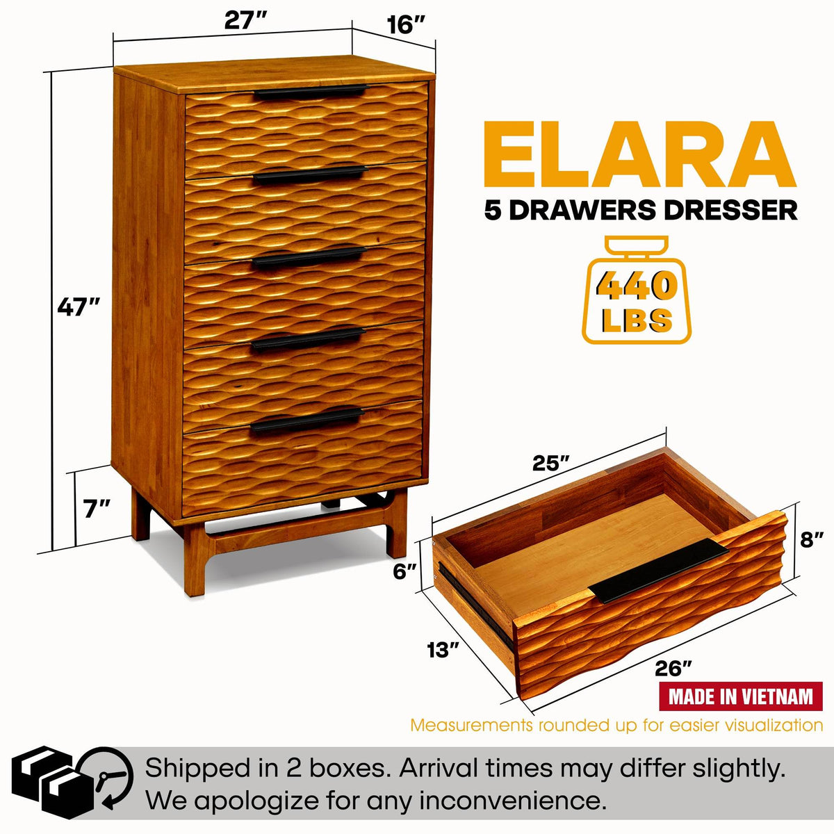 Elara Solid Wood 5-Drawer Dresser