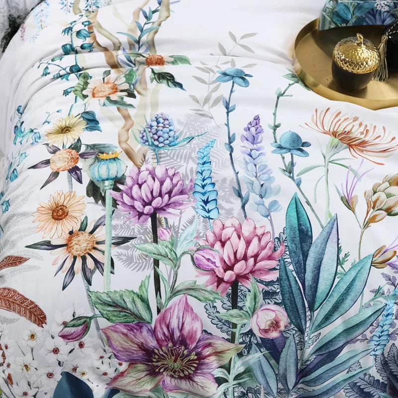 Wild Whimsy 600 TC Floral Cotton Duvet Set - White/Aqua