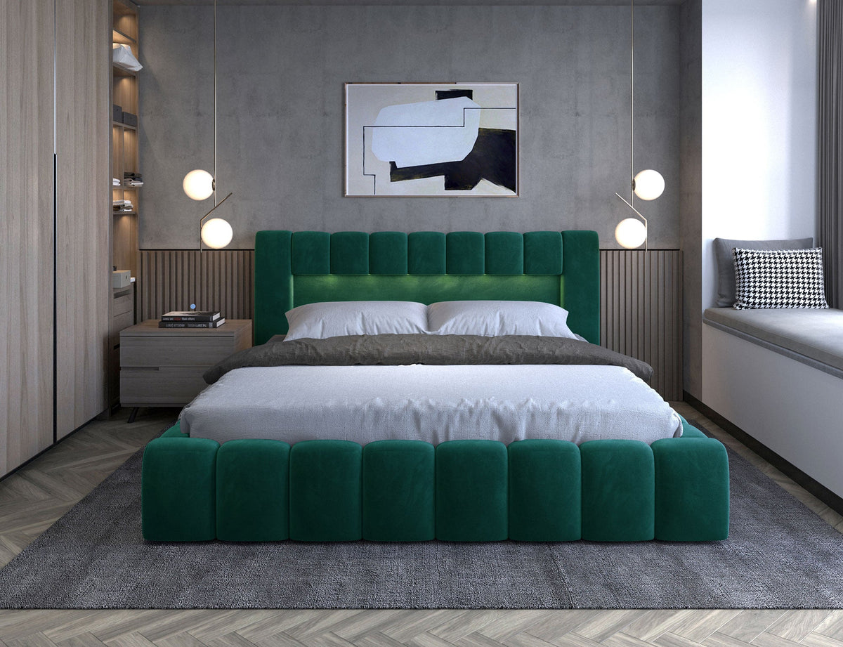 Lamica Upholstered LED Storage Platform Bed - Emerald Green