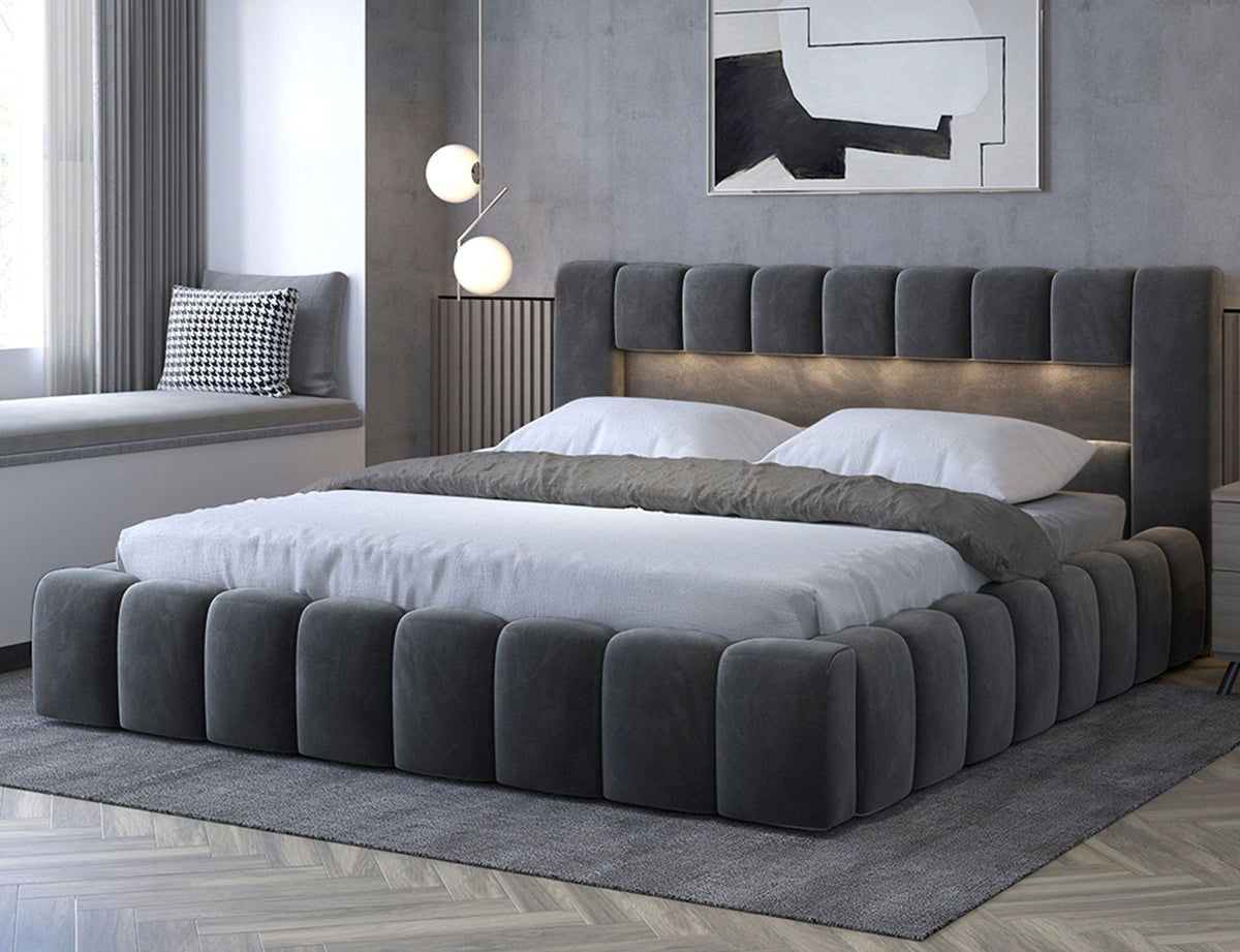 Lamica Upholstered LED Storage Platform Bed - Dark Grey