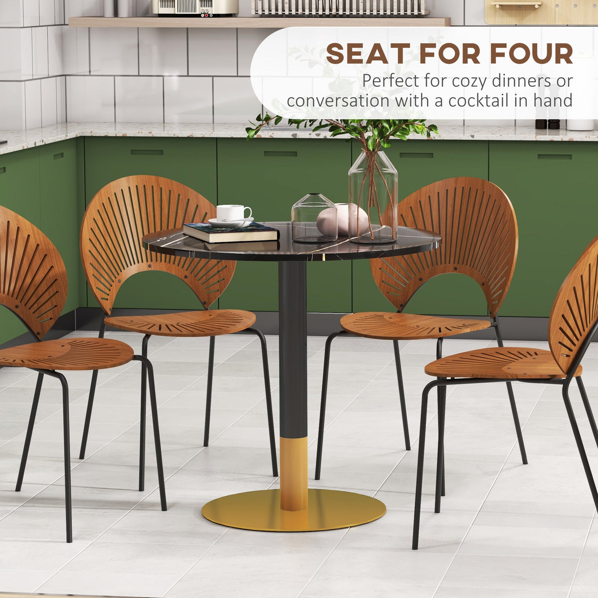 Rene Round Modern Dining Table with Faux Marble Top for Small Spaces-Black