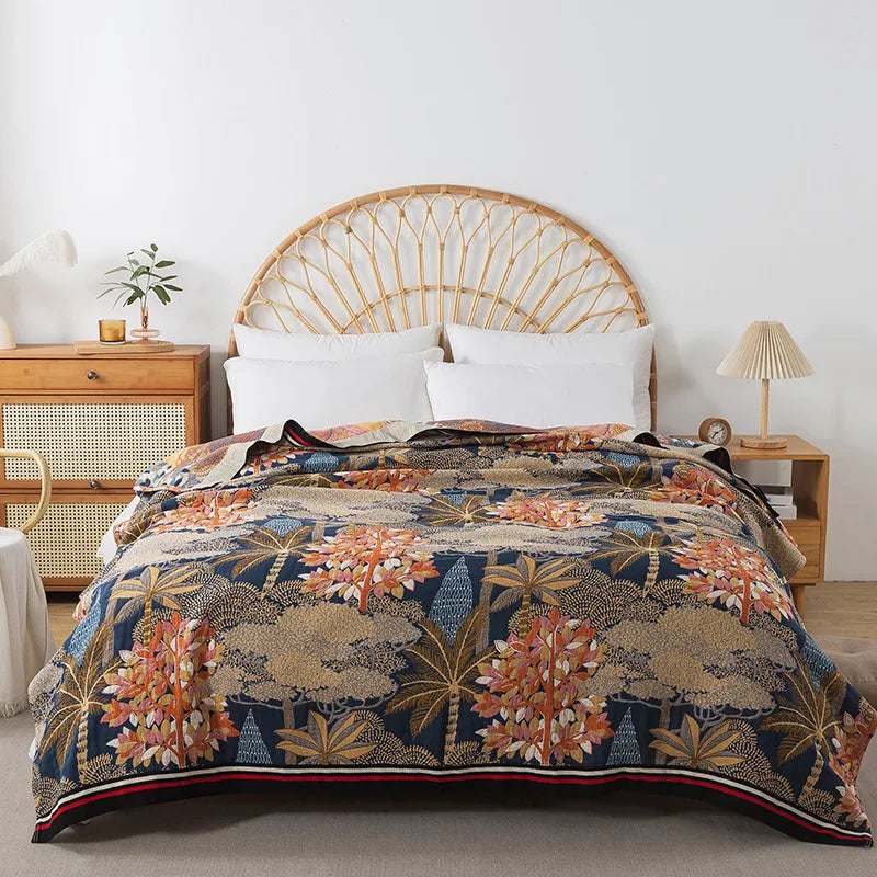 Wild Garden Boho Cotton Blanket/Throw - Blue/Gold