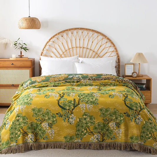 Wild Garden Boho Cotton Blanket/Throw - Mustard/Green