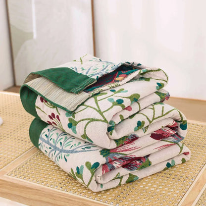 Wild Garden Boho Cotton Blanket/Throw - Cream/Emerald Green