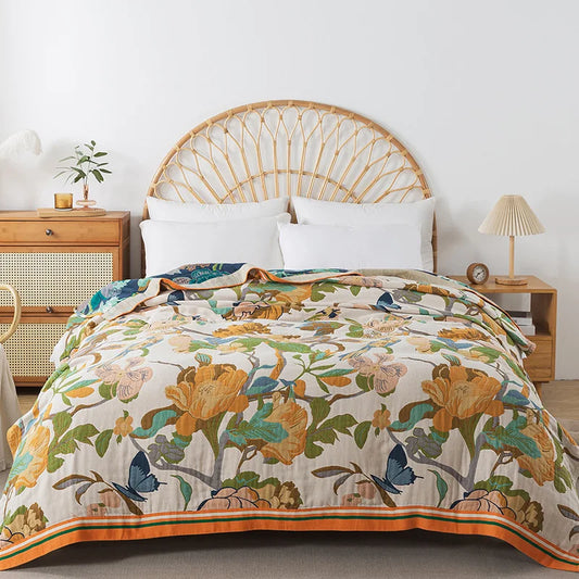 Wild Garden Boho Cotton Blanket/Throw - Cream/Gold