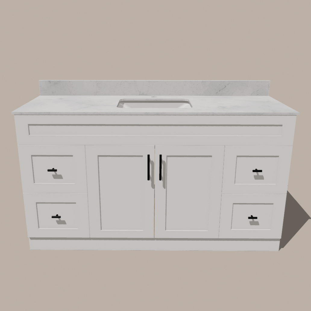 60-Inch Single Sink Shaker Bathroom Vanity — White or Gray | Plywood Cabinet, Solid-Wood Doors, Soft-Close 3-Way Clip-On Hinges | 4 Drawers, Center Double Doors