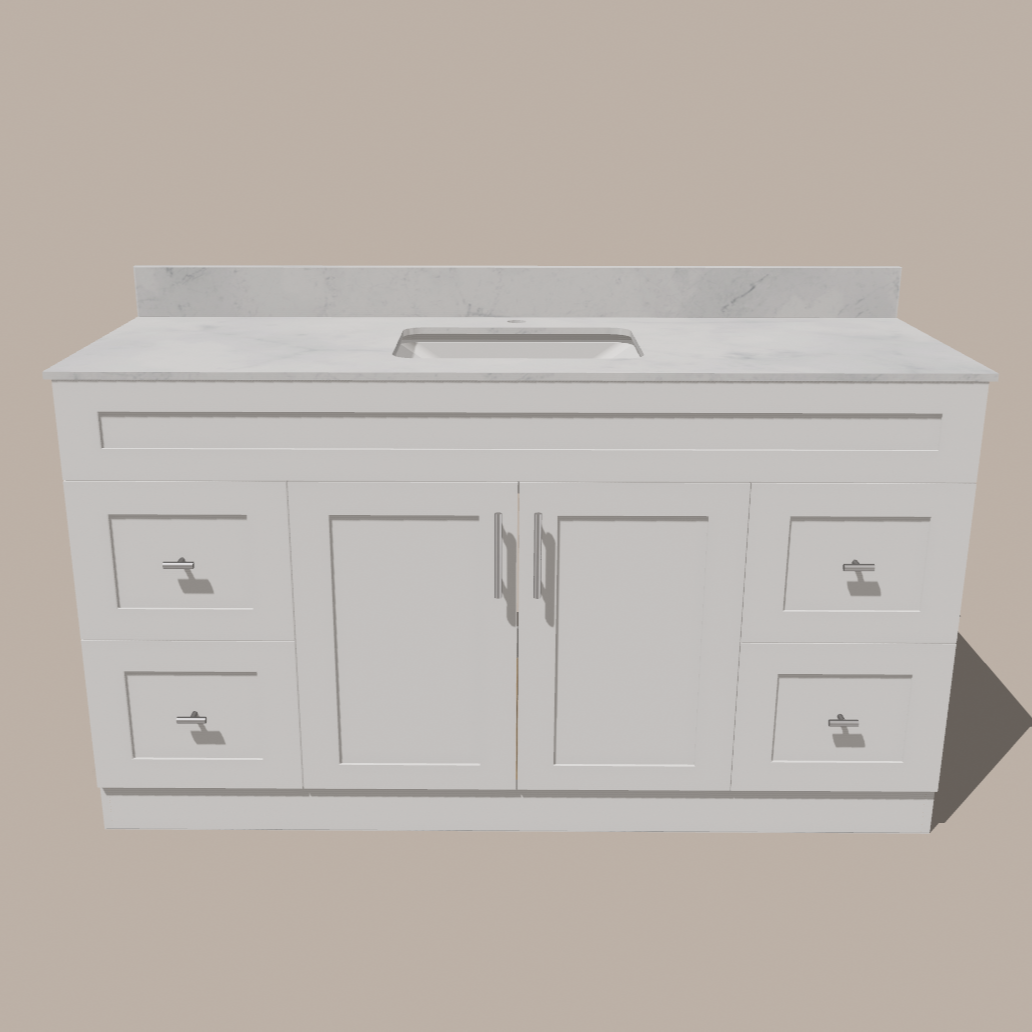 60-Inch Single Sink Shaker Bathroom Vanity — White or Gray | Plywood Cabinet, Solid-Wood Doors, Soft-Close 3-Way Clip-On Hinges | 4 Drawers, Center Double Doors