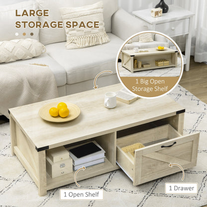 Lowen Farmhouse Coffee Table with Drawer and Open Storage Shelf-White Oak