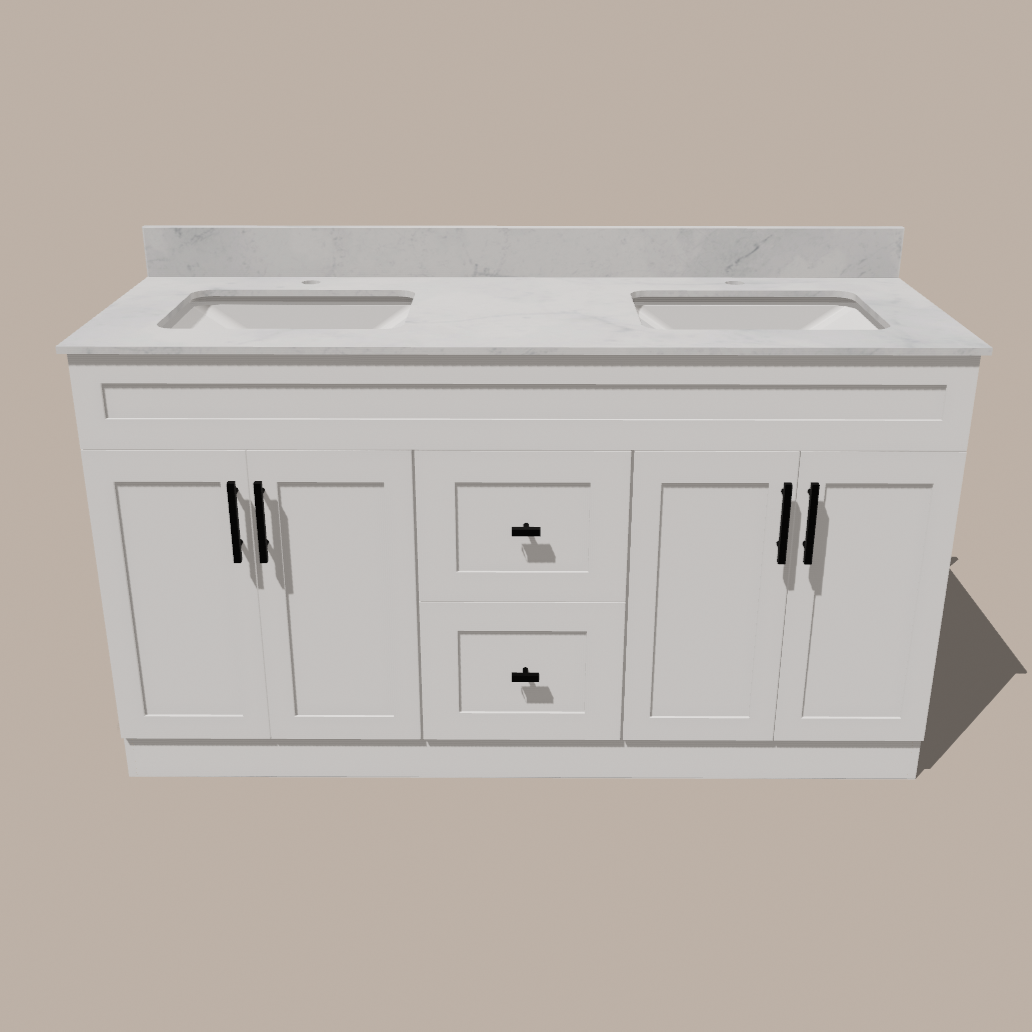 72-Inch Double Sink Shaker Bathroom Vanity — White or Gray | Plywood Cabinet, Solid-Wood Doors, Soft-Close 3-Way Clip-On Hinges | Center 2 Drawers