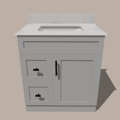 30-Inch Shaker Bathroom Vanity with Drawers — Left or Right | White or Gray | Plywood Cabinet, Solid-Wood Door, Soft-Close 3-Way Clip-On Hinges