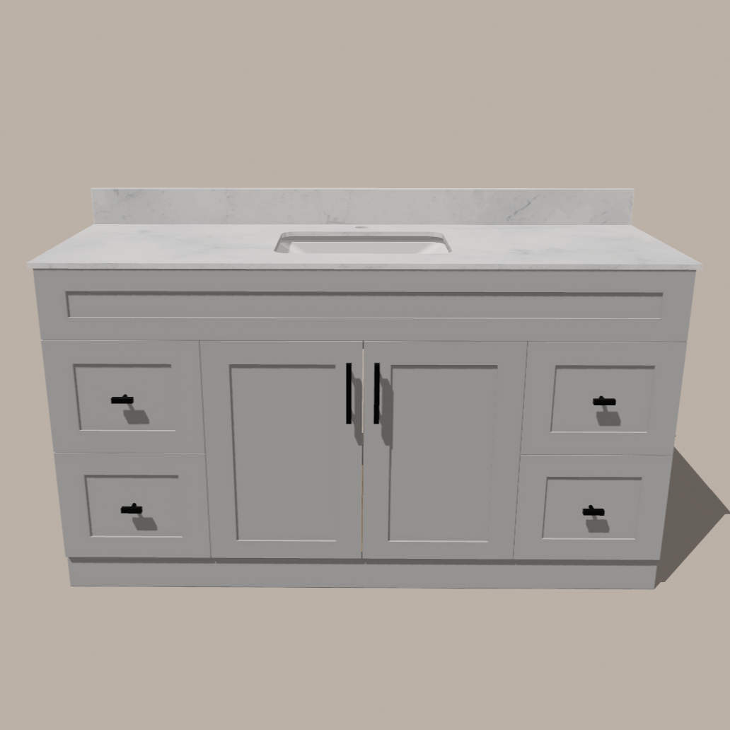 60-Inch Single Sink Shaker Bathroom Vanity — White or Gray | Plywood Cabinet, Solid-Wood Doors, Soft-Close 3-Way Clip-On Hinges | 4 Drawers, Center Double Doors