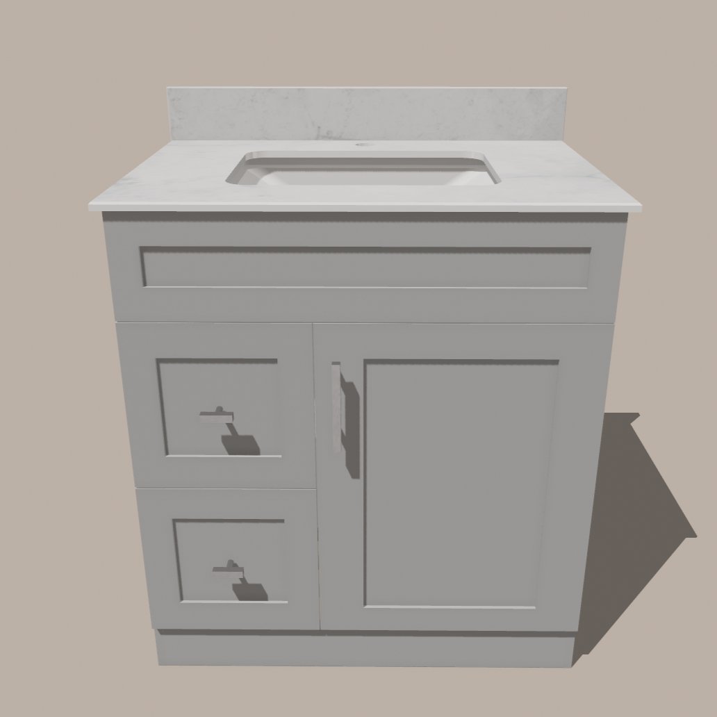 30-Inch Shaker Bathroom Vanity with Drawers — Left or Right | White or Gray | Plywood Cabinet, Solid-Wood Door, Soft-Close 3-Way Clip-On Hinges