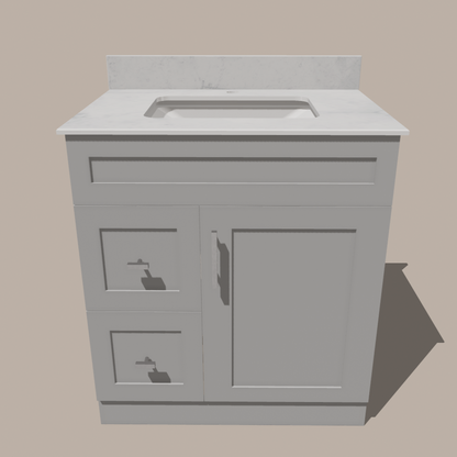 30-Inch Shaker Bathroom Vanity with Drawers — Left or Right | White or Gray | Plywood Cabinet, Solid-Wood Door, Soft-Close 3-Way Clip-On Hinges