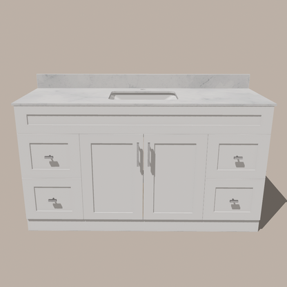 60-Inch Single Sink Shaker Bathroom Vanity — White or Gray | Plywood Cabinet, Solid-Wood Doors, Soft-Close 3-Way Clip-On Hinges | 4 Drawers, Center Double Doors