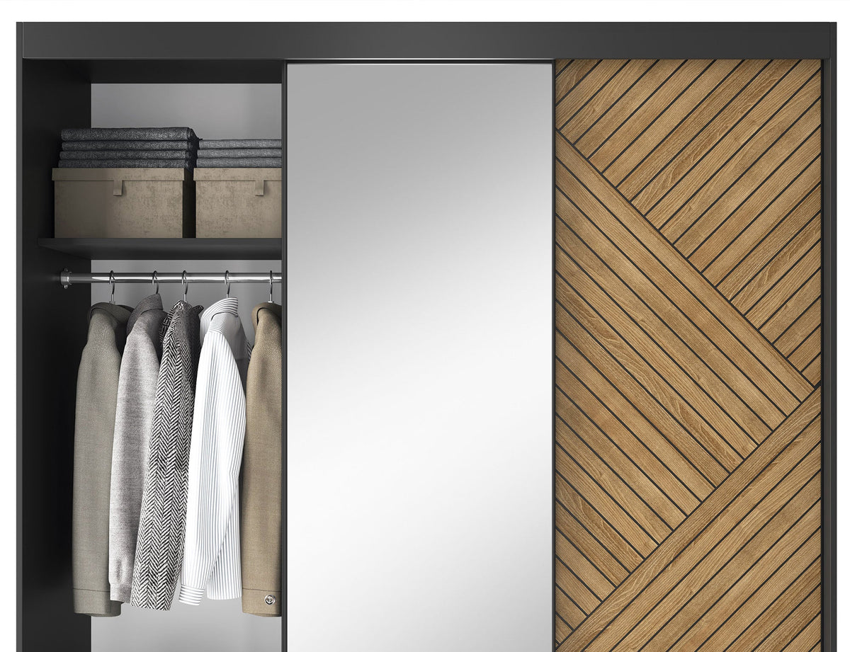 Marrphy Mirrored 3 Sliding Door Freestanding Wardrobe - Black/Oak Caramel