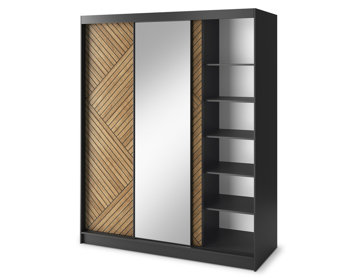 Marrphy Mirrored 3 Sliding Door Freestanding Wardrobe - Black/Oak Caramel