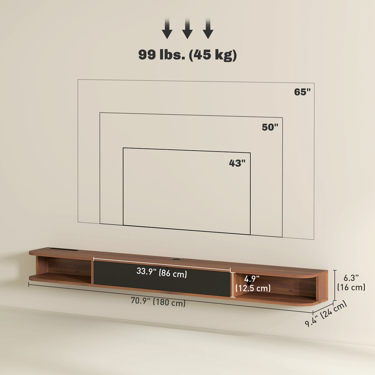 Lennox Floating TV Stand for TVs up to 75" with Flip Drawer-Walnut