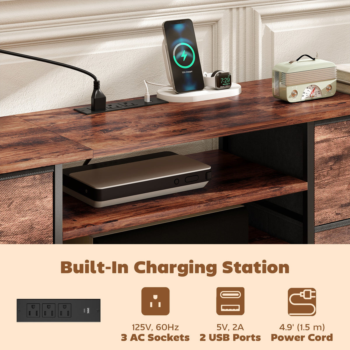 Jamie TV Stand with Charging Station for TVs up to 70 Inches-Rustic Brown