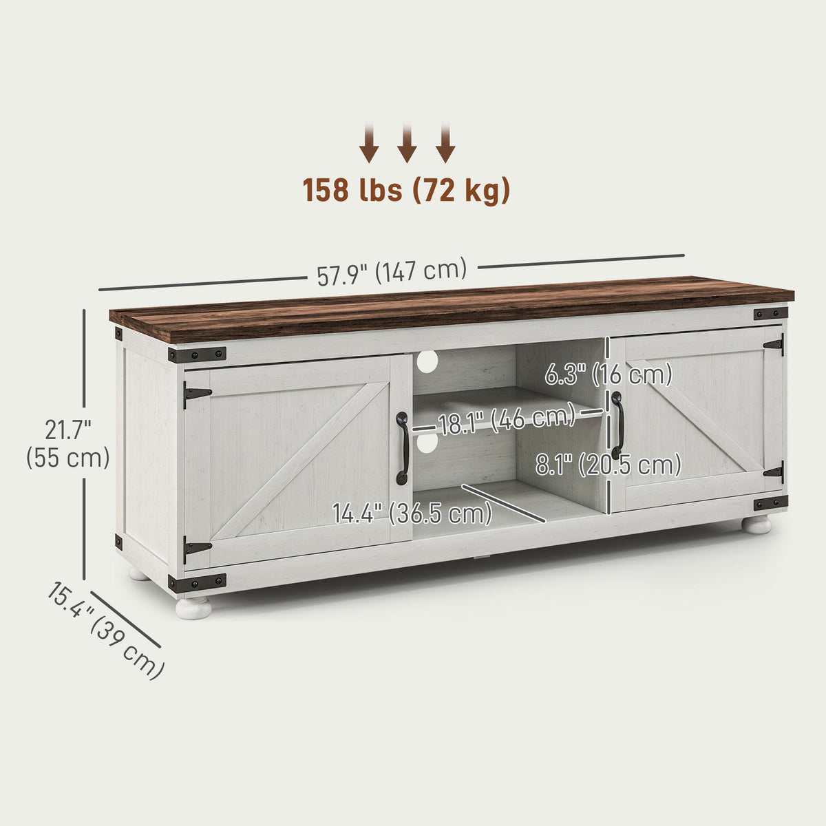 Kirby Farmhouse TV Stand with Small Minimalist Barn Doors for TVs up to 65"-Distressed White