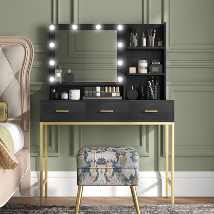 Sophia Illuminated Makeup Table with LED Lights and 3 Drawers-Black