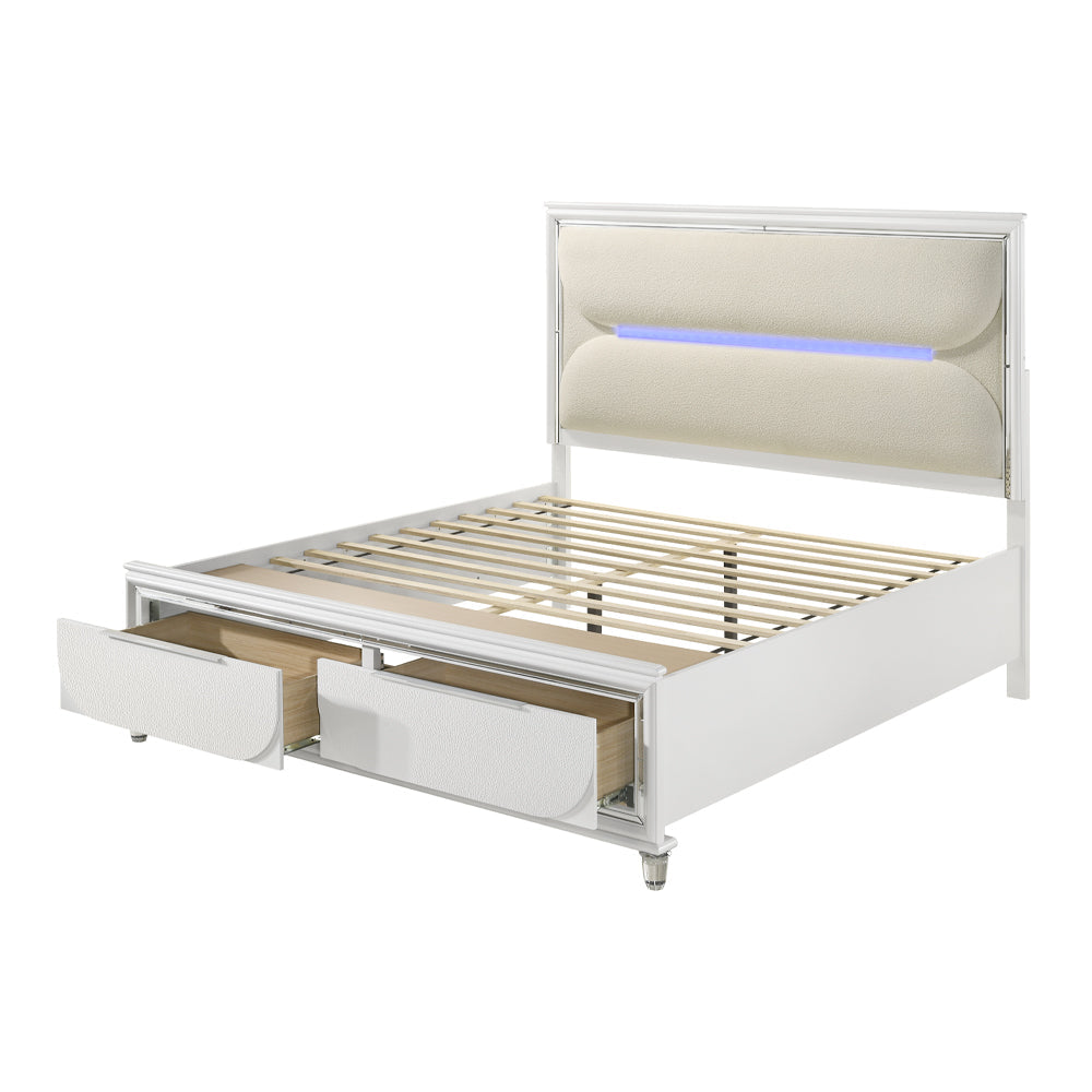 Cassandra Platform Storage Bed w/Led Lighting - Pearl White