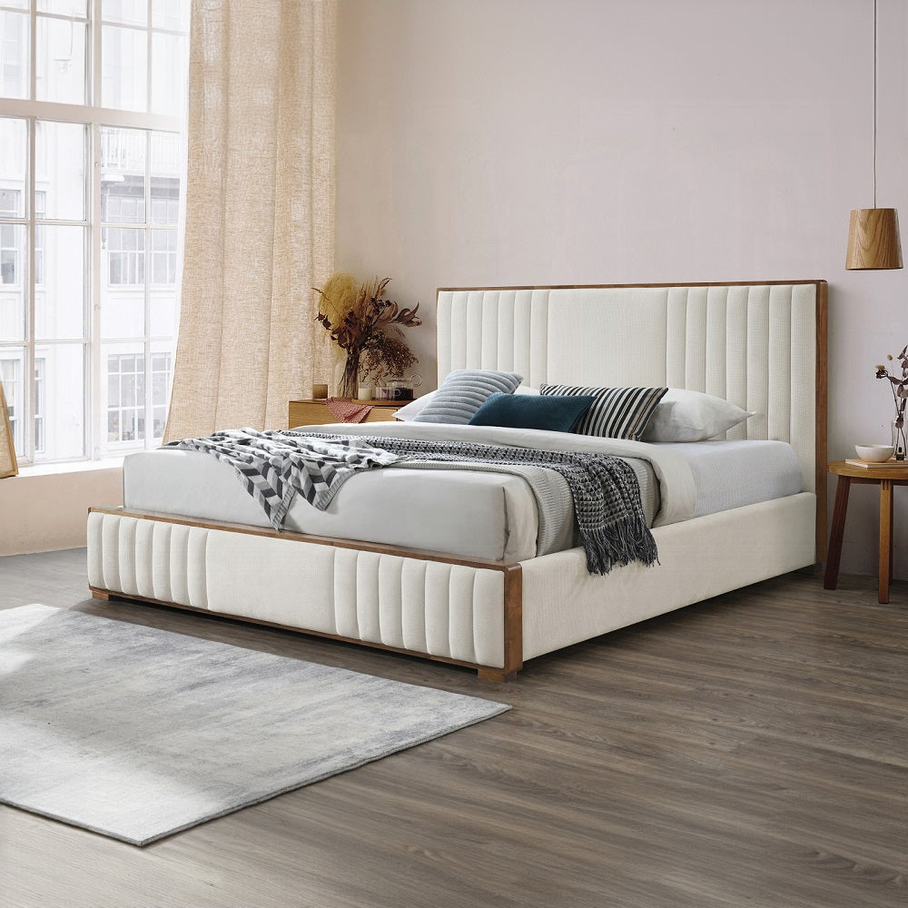 Mahi Upholstered Platform Bed - Beige/Walnut