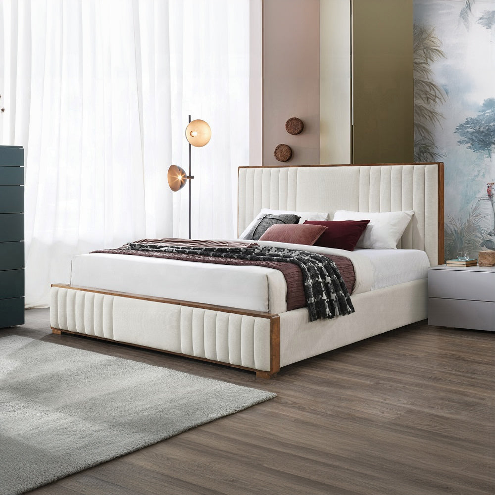 Mahi Upholstered Platform Bed - Beige/Walnut