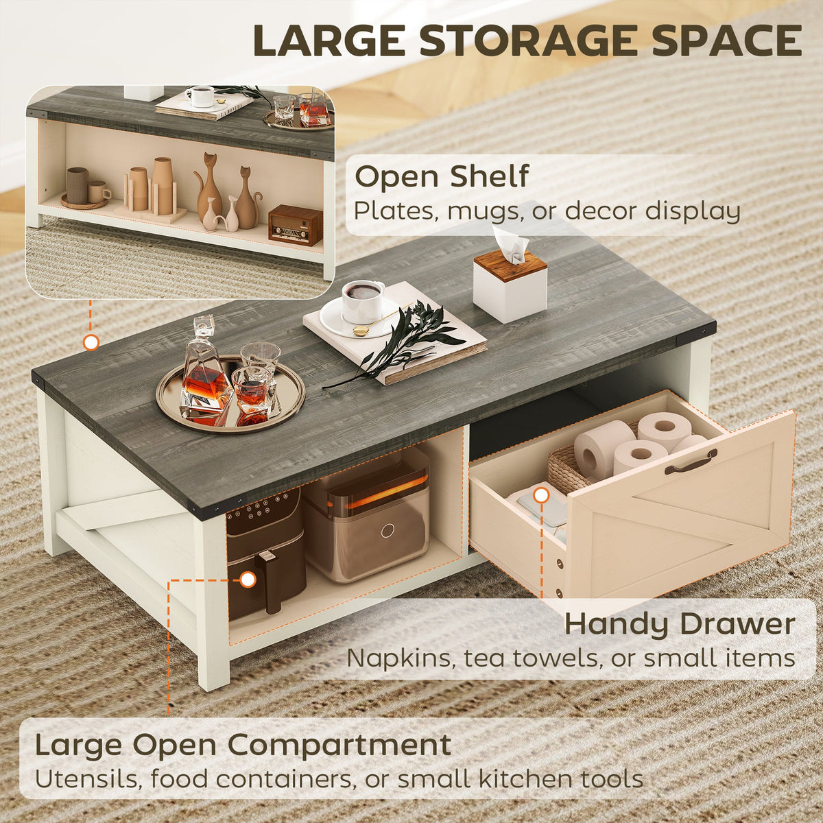 Lowen Farmhouse Coffee Table with Drawer and Open Storage Shelf-Distressed Grey/White