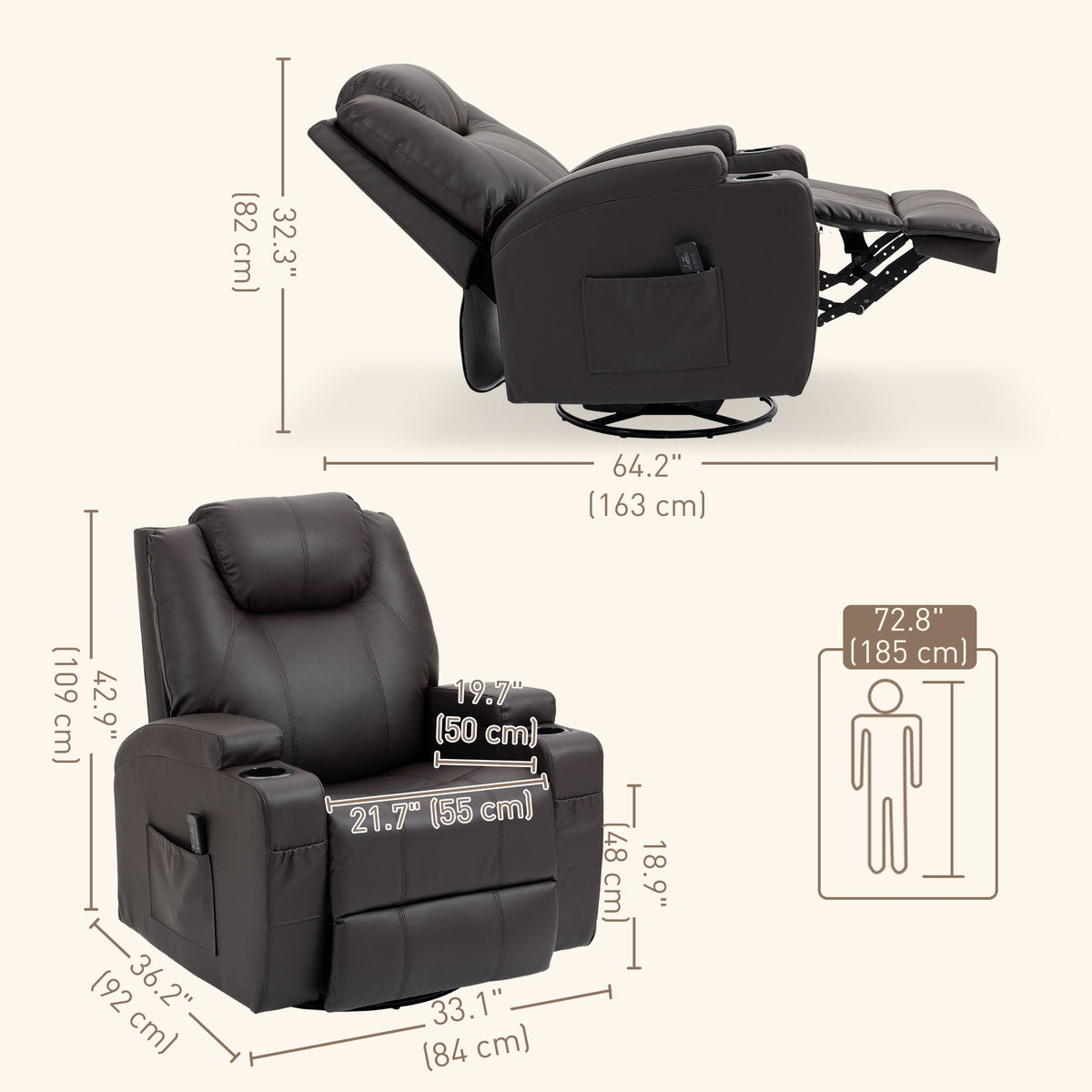Brady Massage Recliner Chair with Swivel, Rocker Features and 8 Vibration Points-Brown