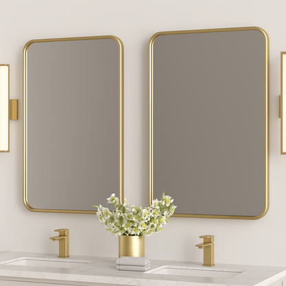 Rounded-Corner Rectangular Bathroom Vanity Mirror — Slim Metal Frame (Matte Black, Brushed Nickel, Brushed Gold)