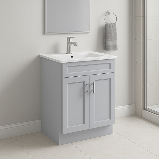 30-Inch Shaker Bathroom Vanity — White or Gray | Plywood Cabinet, Solid-Wood Doors, Soft-Close 3-Way Clip-On Hinges, Natural Wood Interior
