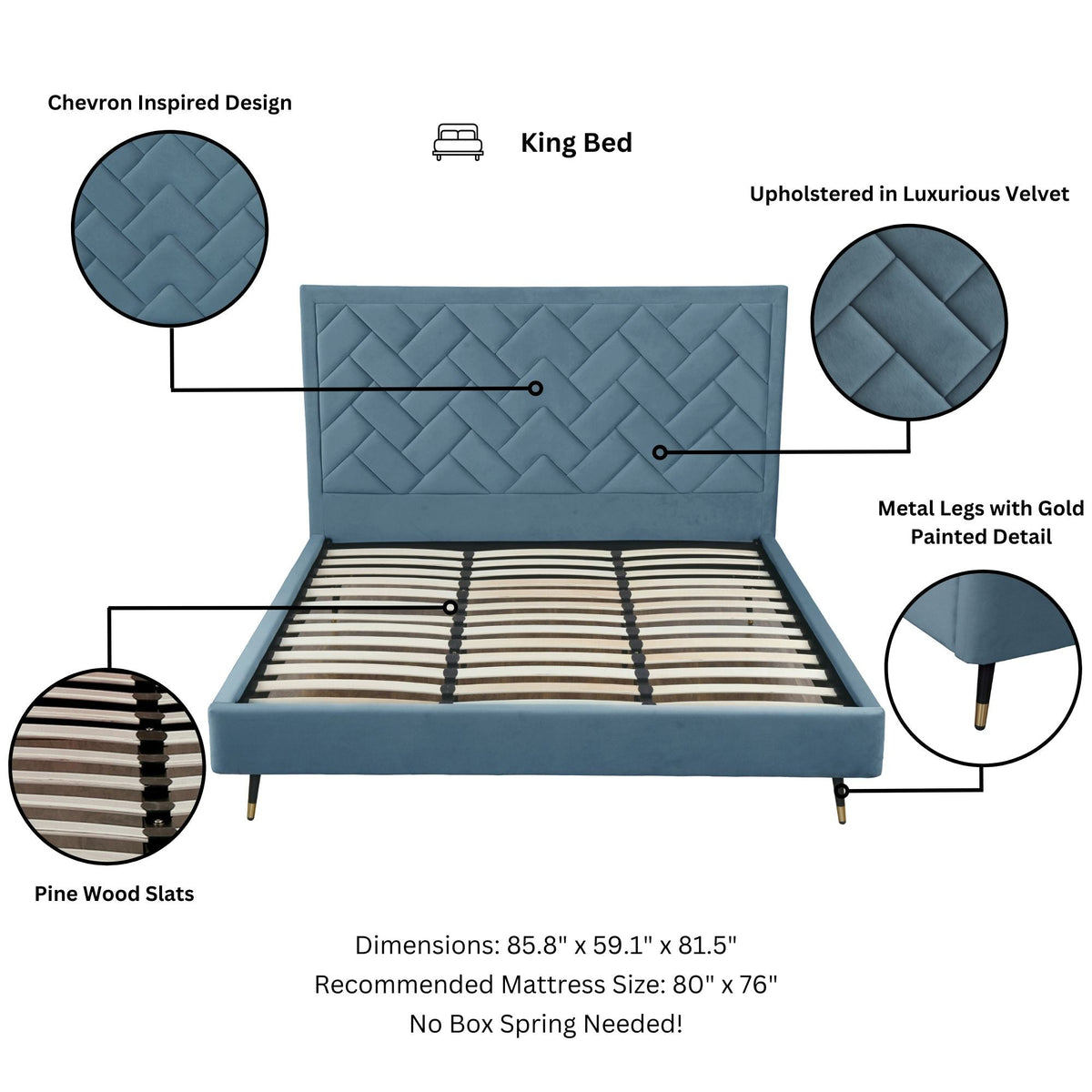 Gallagher Upholstered Velvet Platform Bed - Blue