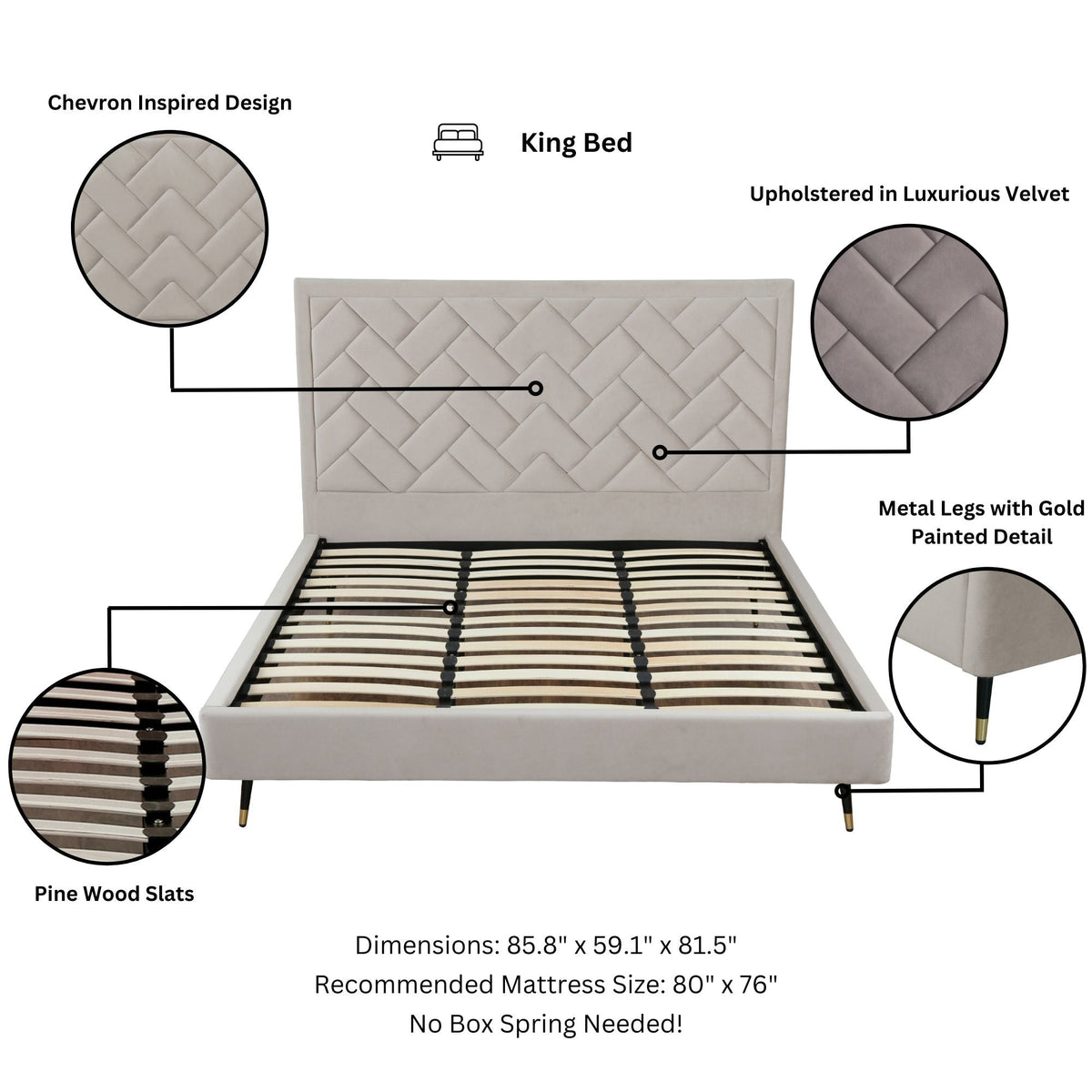 Gallagher Upholstered Velvet Platform Bed - Greige