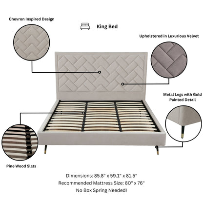 Gallagher Upholstered Velvet Platform Bed - Greige