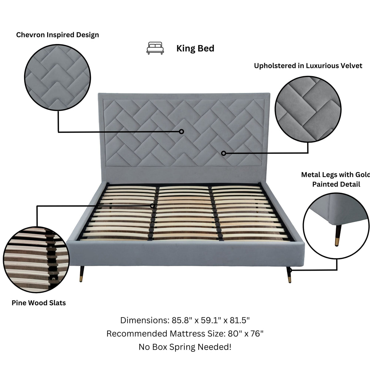 Gallagher Upholstered Velvet Platform Bed - Grey