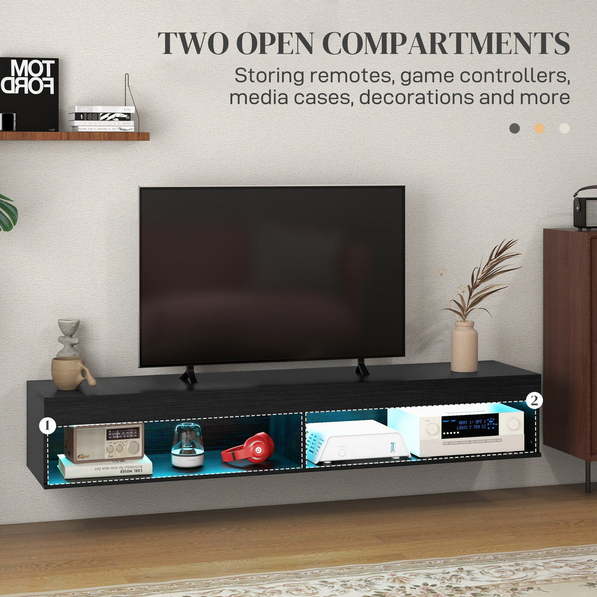 Lane Modern Wall Mounted TV Stand with Storage and LED Lights-Black