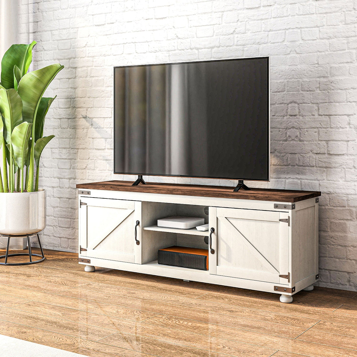 Kirby Farmhouse TV Stand with Small Minimalist Barn Doors for TVs up to 65"-Distressed White