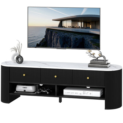 Colby Modern TV Stand with Marble-Effect Top and Storage Drawers-Natural