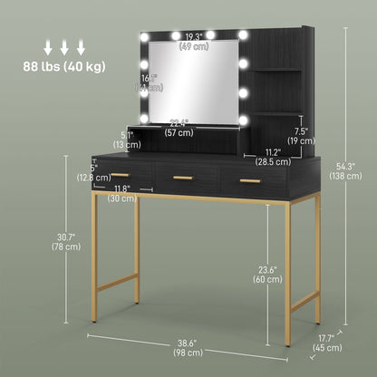 Sophia Illuminated Makeup Table with LED Lights and 3 Drawers-Black