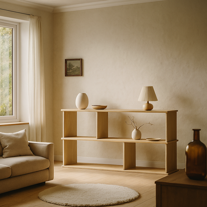 Horizontal bookshelf in white oak