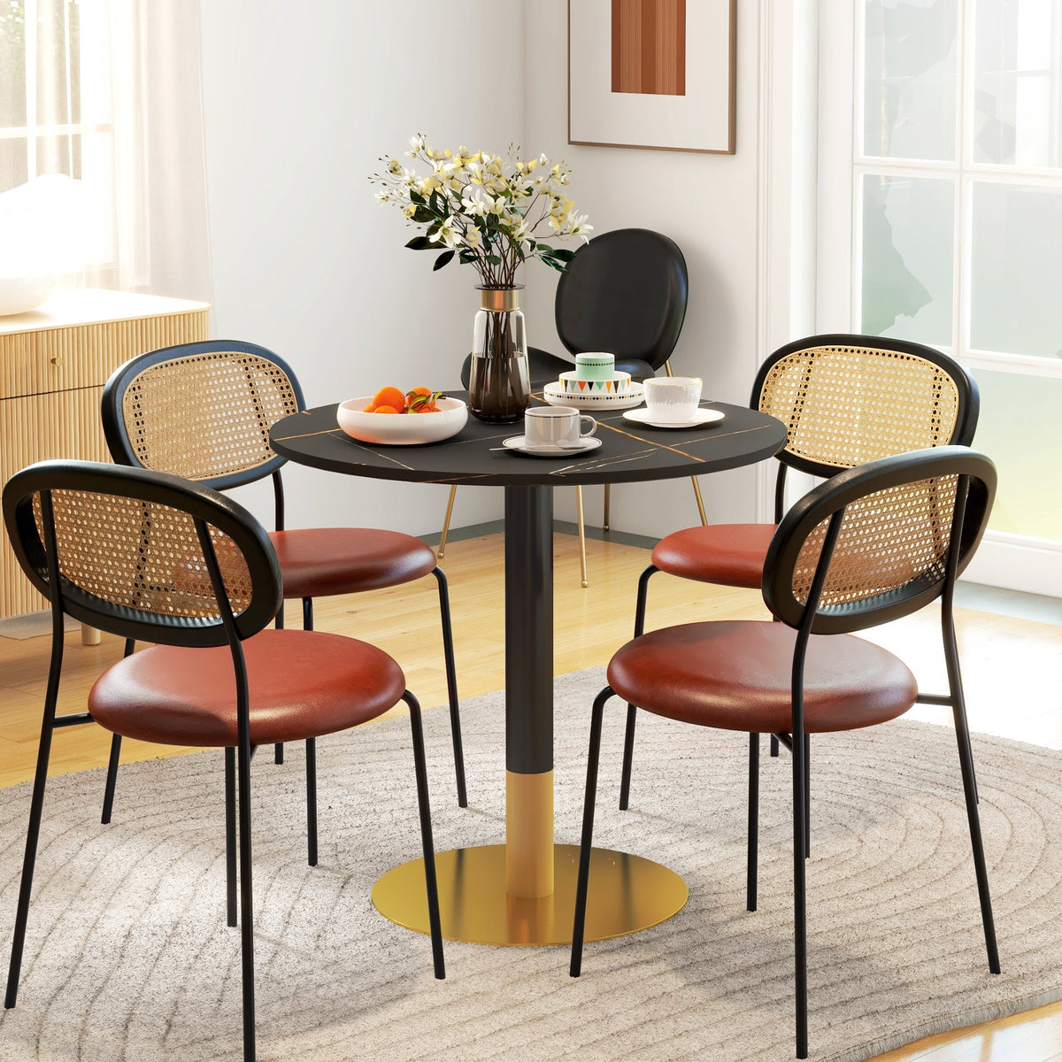 Rene Round Modern Dining Table with Faux Marble Top for Small Spaces-Black